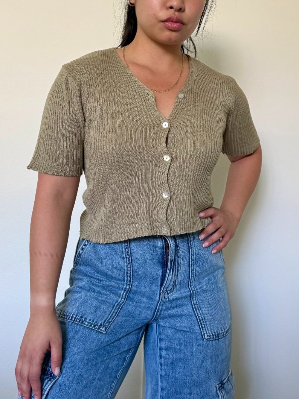 vintage 90s khaki ribbed button up top cropped